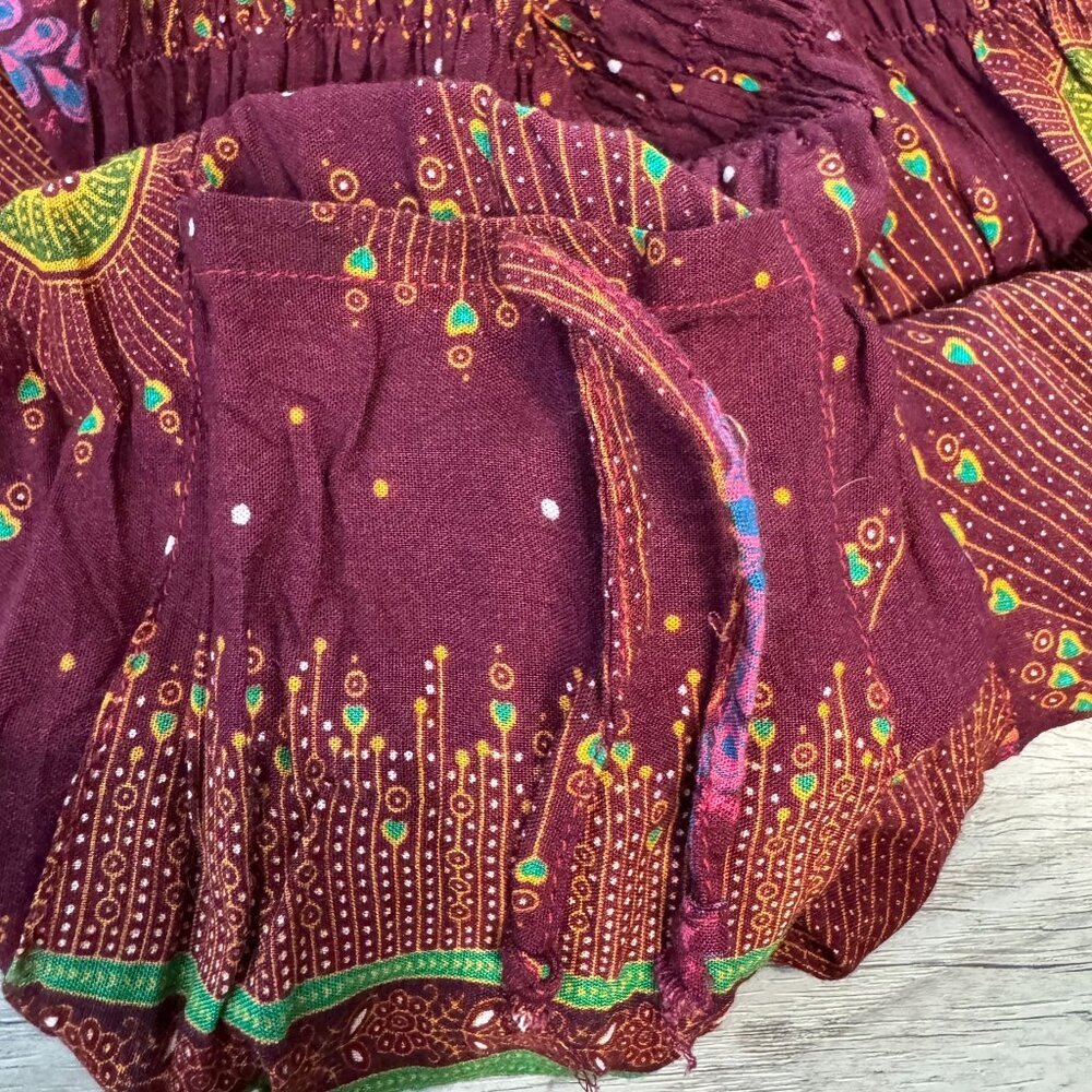 Burgundy Feather Print Harem Pants Size Medium Smocked Waist, Pockets M3 - Picture 6 of 7